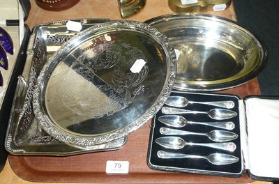 Lot 79 - A cased set of six silver grapefruit spoons, a plate cake basket, a salver and an entree dish