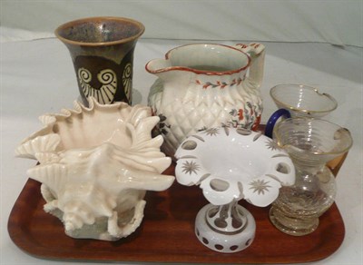 Lot 85 - Beleek shell, quantity of glass, a 19th century jug and a Quimper vase