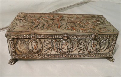 Lot 99 - Silver plated embossed box decorated with a war scene