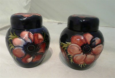 Lot 100 - A pair of Walter Moorcroft 'Anemone' ginger jars and covers (chip to rim of one vase )