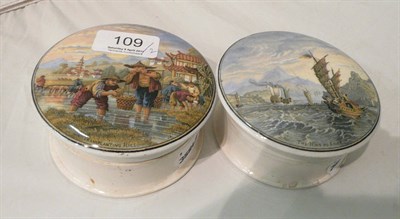 Lot 109 - Two pot lids - 'Transplanting Rice' and 'The Ning Po River'