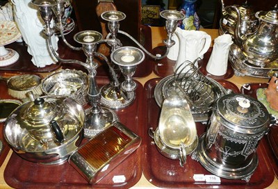 Lot 116 - Two trays of silver plate including a pair of candelabra, tobacco box, two salvers, two wine...