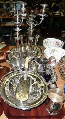 Lot 132 - Quantity of plated wares including an oval tray, a pair of candelabra, plated epergne, etc