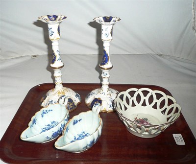 Lot 137 - Two sauce boats, enamel candlesticks and a Worcester chestnut basket