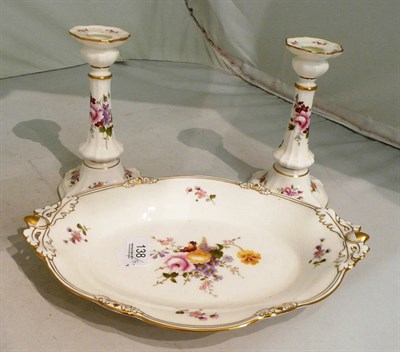 Lot 138 - A pair of Royal Crown Derby 'Derby Posies' candlesticks and an oval dish with acorn handles (3)