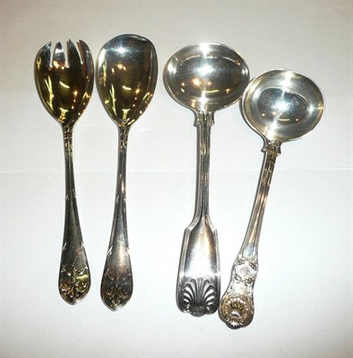 Lot 152 - Two silver sauce ladles and salad servers, 11oz approximate weight