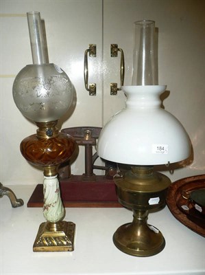 Lot 184 - Two brass oil lamps and a tray of ornaments, blue and white vegetable tureen, Royal Doulton 'Series