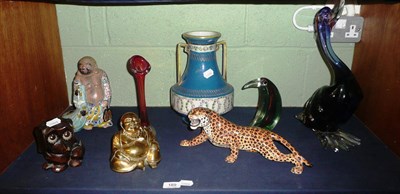 Lot 189 - German carved wooden 'dog clock', decorative glassware, twin-handled vase, Buddha figures, etc