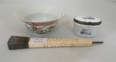 Lot 201 - A 19th Century Chinese small bowl bearing imperial mark, 18th Century enamel casket and a bone...