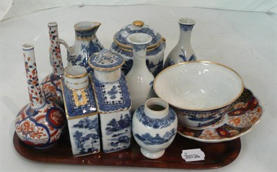 Lot 214 - Tray including Japanese Imari bottle vases, blue and white tea caddies etc