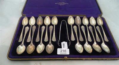 Lot 216 - Cased set of eighteen silver teaspoons and tongs