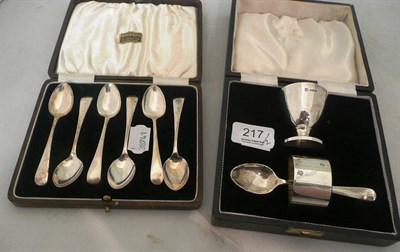 Lot 217 - Cased silver christening set and cased silver teaspoons