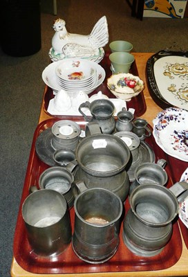 Lot 224 - Tray of pewter, egg basket, Wedgwood Jasperware, fruit set, carved mahogany tray, three boxes...