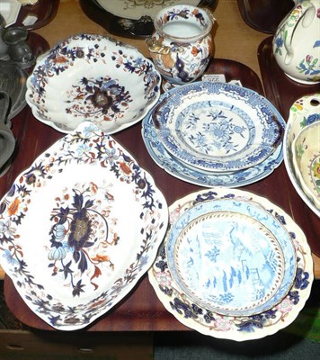 Lot 225 - Tray including two Spode plates, blue and white china and a small Masons vase