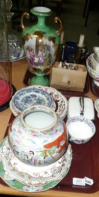 Lot 227 - Three trays including blue and white china, 19th century cabinet plates, brass candlesticks, etc