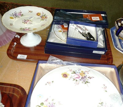 Lot 230 - Two Royal Crown Derby 'Derby Posies' boxed cake plates, two tier cake stand, pedestal stand,...