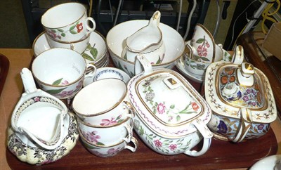 Lot 238 - English porcelain part tea set painted with pink flowers, Newhall cup and saucer, Davenport egg...