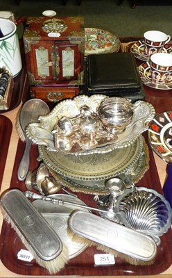 Lot 251 - Three Canton plates, box of metal wares, silver plate etc