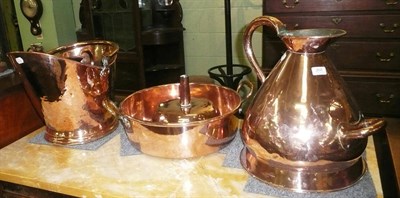 Lot 268 - Large copper jug, brass preserve pan, funnel, coal bucket and a small jug