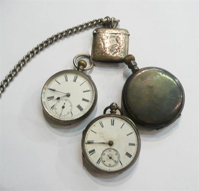 Lot 278 - Three silver cased pocket watches, silver vesta and silver link chain