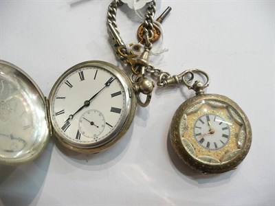 Lot 320 - A 935 lady's fob on a silver watch chain, another pocket watch and a watch key