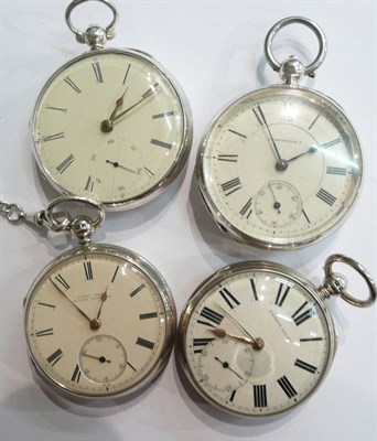 Lot 336 - Four silver pocket watches and a silver watch chain and silver medal