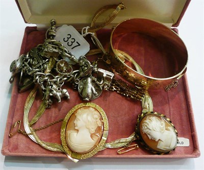 Lot 337 - A 9ct gold necklet and bracelet, a silver charm bracelet, cameo brooches, etc