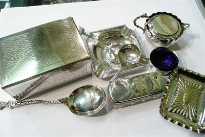 Lot 347 - A small quantity of silver including Art Nouveau salt, caddy spoon, ashtray, etc and a small...