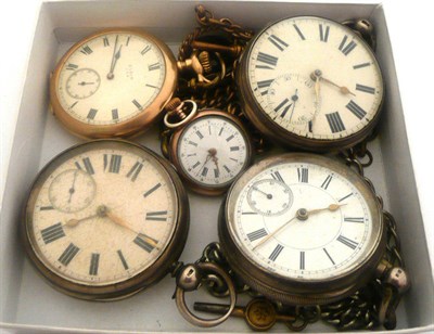 Lot 359 - Three silver pocket watches, gold plated pocket watch and a fob watch