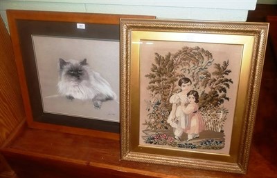 Lot 367 - Victorian woolwork picture and a framed picture of a cat by Jane Purkis