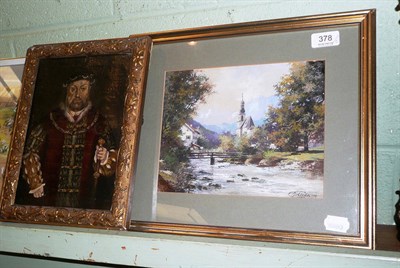 Lot 378 - 19th century framed oil on canvas of Henry VIII and a framed watercolour of a river scene C...