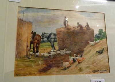Lot 389 - Alderson sisters watercolour of a hay stack with hens and geese, 1961