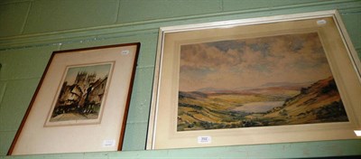 Lot 392 - Florence Walker watercolour Dales landscape, an etching of York, birds-eye maple-framed print...