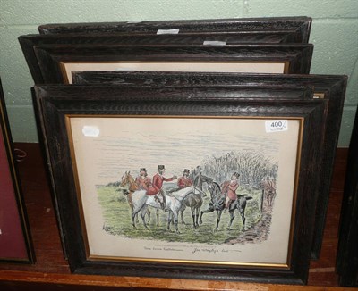 Lot 400 - Four framed black and white horse prints and a set of six coloured hunting prints