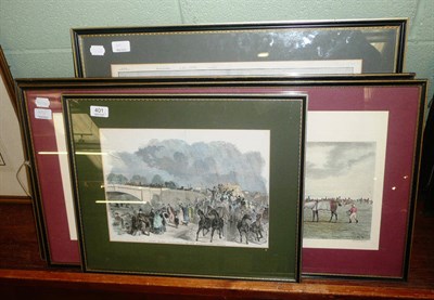 Lot 401 - Four racing prints, cigarette cards, pair of riding boots, two hip flasks, gin cleaning kit etc