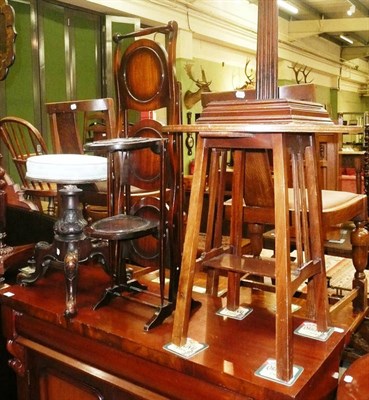 Lot 444 - Victorian revolving piano stool, mahogany folding cake stand, mahogany plant stand, mahogany...
