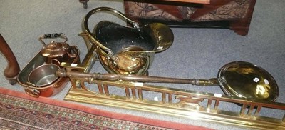 Lot 456 - Warming pan, copper planter, kettle, brass fender, etc