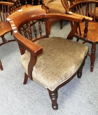 Lot 475 - Late Victorian oak tub chair with velvet stool