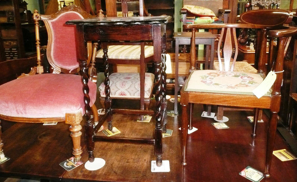 Lot 519 - Mahogany corner chair, Victorian nursing chair, 1920's occasional table and a reproduction oak...