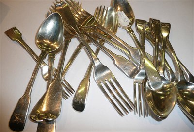 Lot 13 - Six fiddle pattern table forks, six fiddle dessert spoons and five forks, 26oz