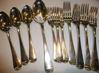 Lot 16 - A Victorian silver tablespoon, four silver table forks, three desert forks and three spoons, 22oz