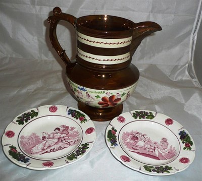 Lot 22 - A large copper lustre jug with floral decoration and a pair of pearlware nursery plates