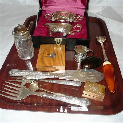 Lot 28 - An ivory handled Stilton scoop, silver cruet, silver topped preserve jar, plated items etc