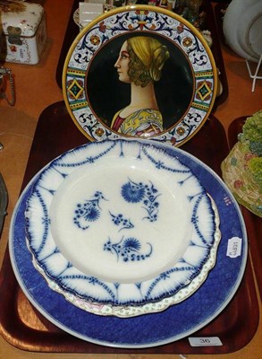 Lot 36 - A Continental Maiolica plate decorated with a lady, signed Deruta Italy, three other plates and...