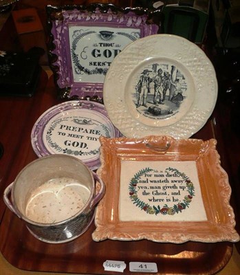 Lot 41 - Three Sunderland lustre plaques, a pot and a plate inscribed 'Uncle Tom's Cabin. Persecuted Virtue'