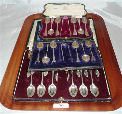 Lot 50 - Cased set of twelve silver teaspoons and tongs and two other cased sets of teaspoons and tongs