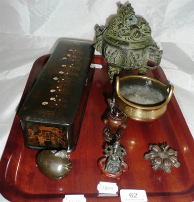 Lot 62 - A Chinese censer, four small Oriental bronzes, a Japanese black lacquer papier mache box and...