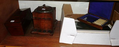 Lot 72 - 19th century mahogany inlaid tea caddy, pipe stand and white painted butler's bell and an oak...