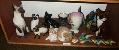 Lot 74 - A shelf of decorative ceramics including a Beswick fireside fox (a.f.), kingfisher wall plaques etc