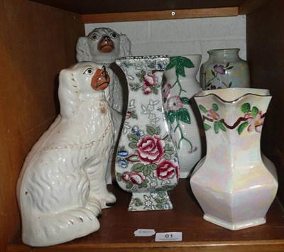 Lot 81 - Three pottery Staffordshire dogs, Maling vase, Ringtons jug, Crown Devon lustre jug and Albion ware